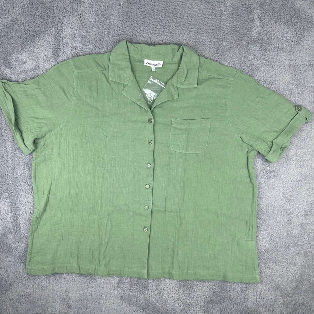 Serengeti Button Front Shirt Womens 1X Sage‎ Green Cotton Gauze Short Sleeve Tab